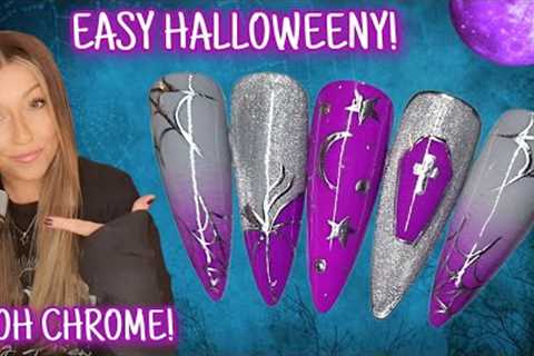 🕸 Easy Halloween Nails | Purple & silver nail art design | Coffin star moon cobweb pumpkin |..
