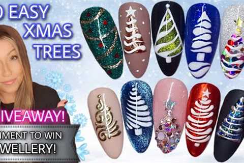 🎄 10 Easy Christmas Tree Nail Art Designs | Xmas Nails | ✨️ Cateye Glitter Foil Gel Bling Festive..