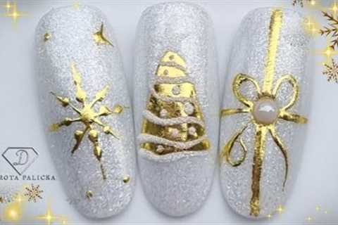 White and gold Christmas nail art. Snowflake nail design, Christmas tree nail art. Easy Xmas nails