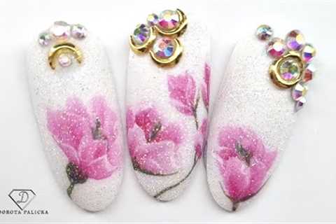 Spring floral nail art design for beginners. One stroke flowers with sugar glitter nail art